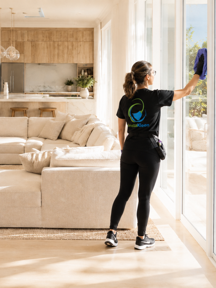 A woman cleaning large glass sliding doors in a living room with beige sofa and open kitchen in the background