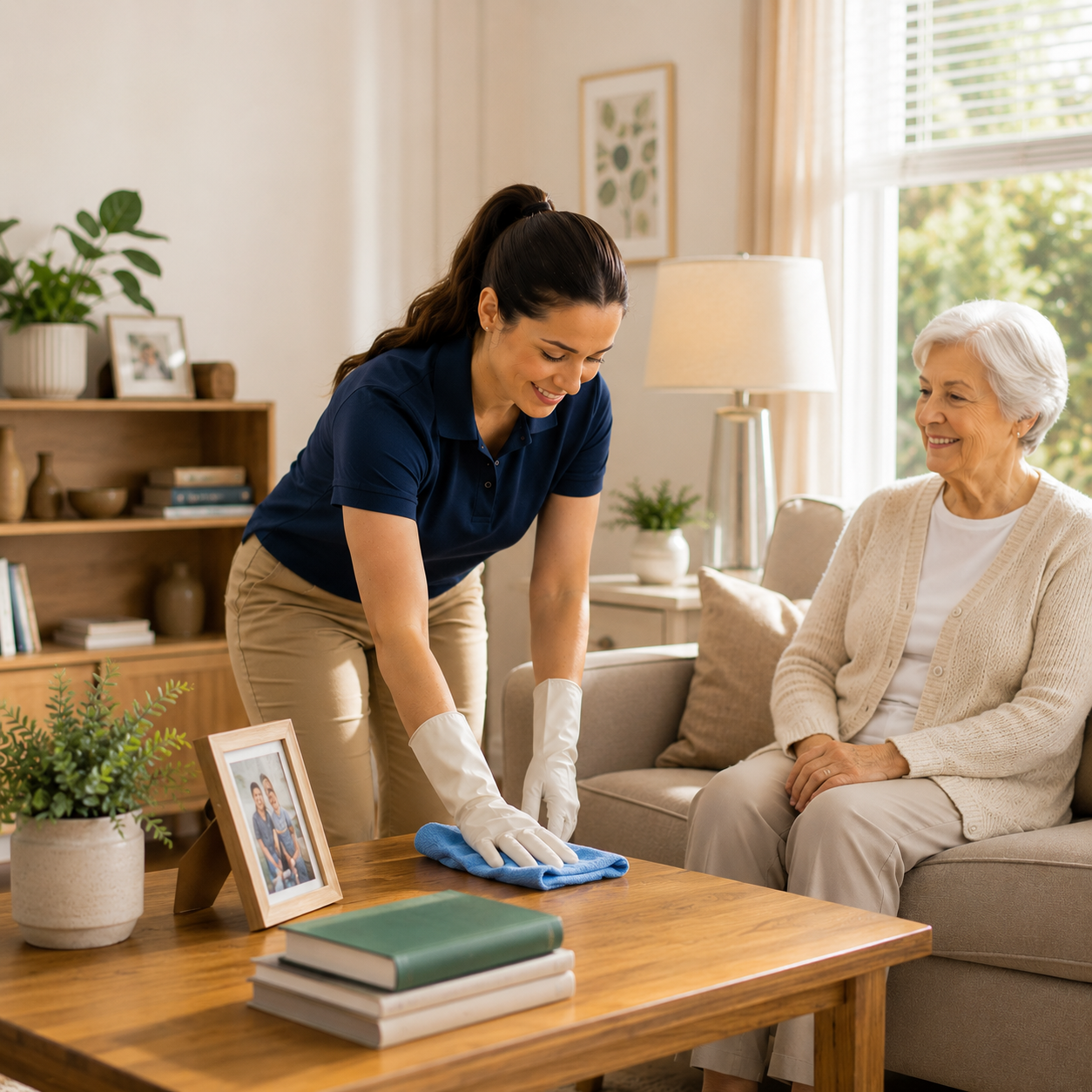 A young woman is cleaning a coffee table with a cloth while a senior woman is sitting on a sofa in a living room.