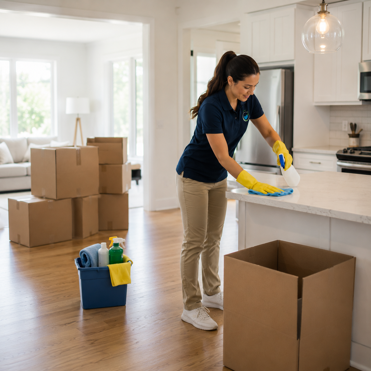 Woman cleaning kitchen countertop with spray bottle, wearing yellow gloves, surrounded by moving boxes and cleaning supplies in a bright, modern living space.