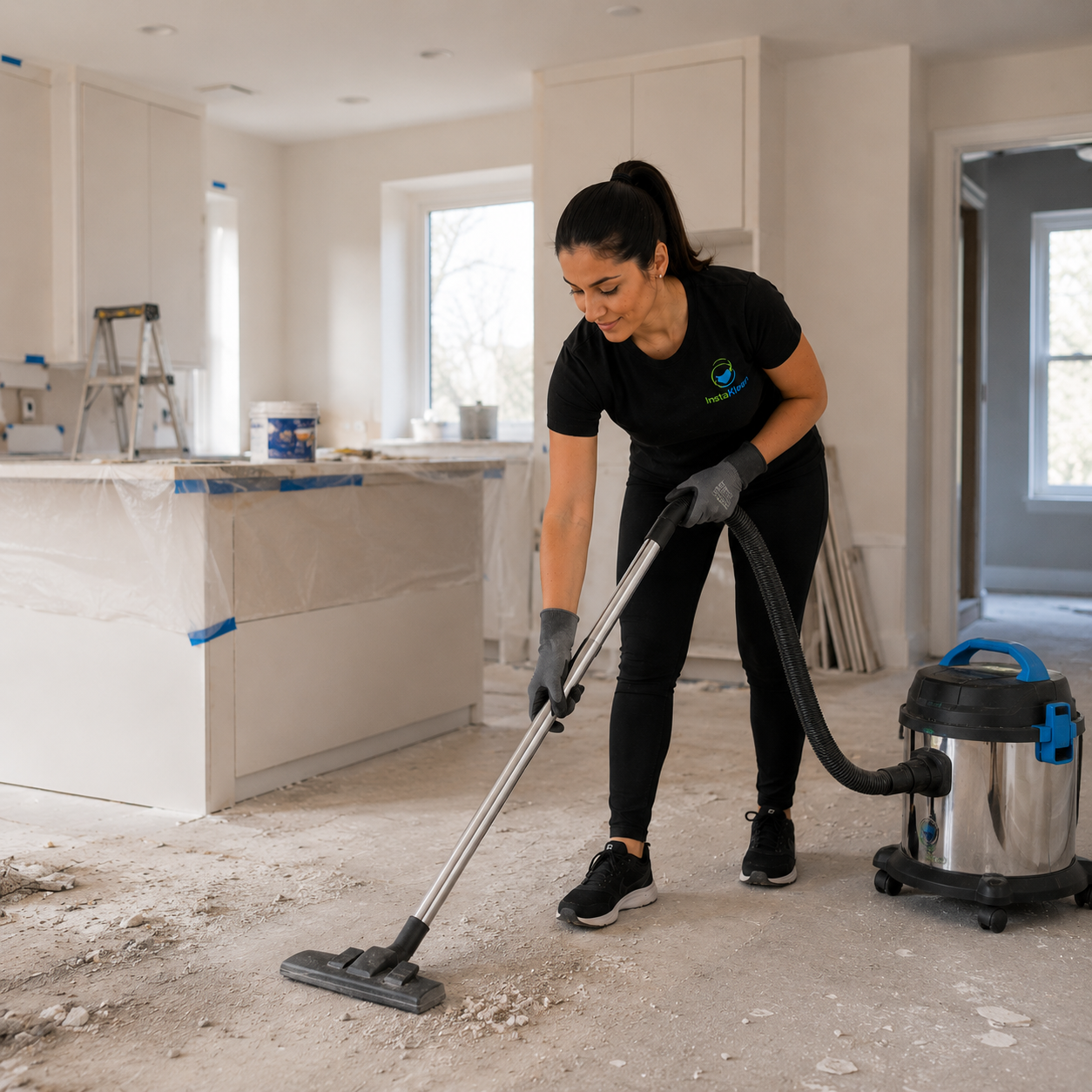 Woman vacuuming construction debris in a room under renovation.