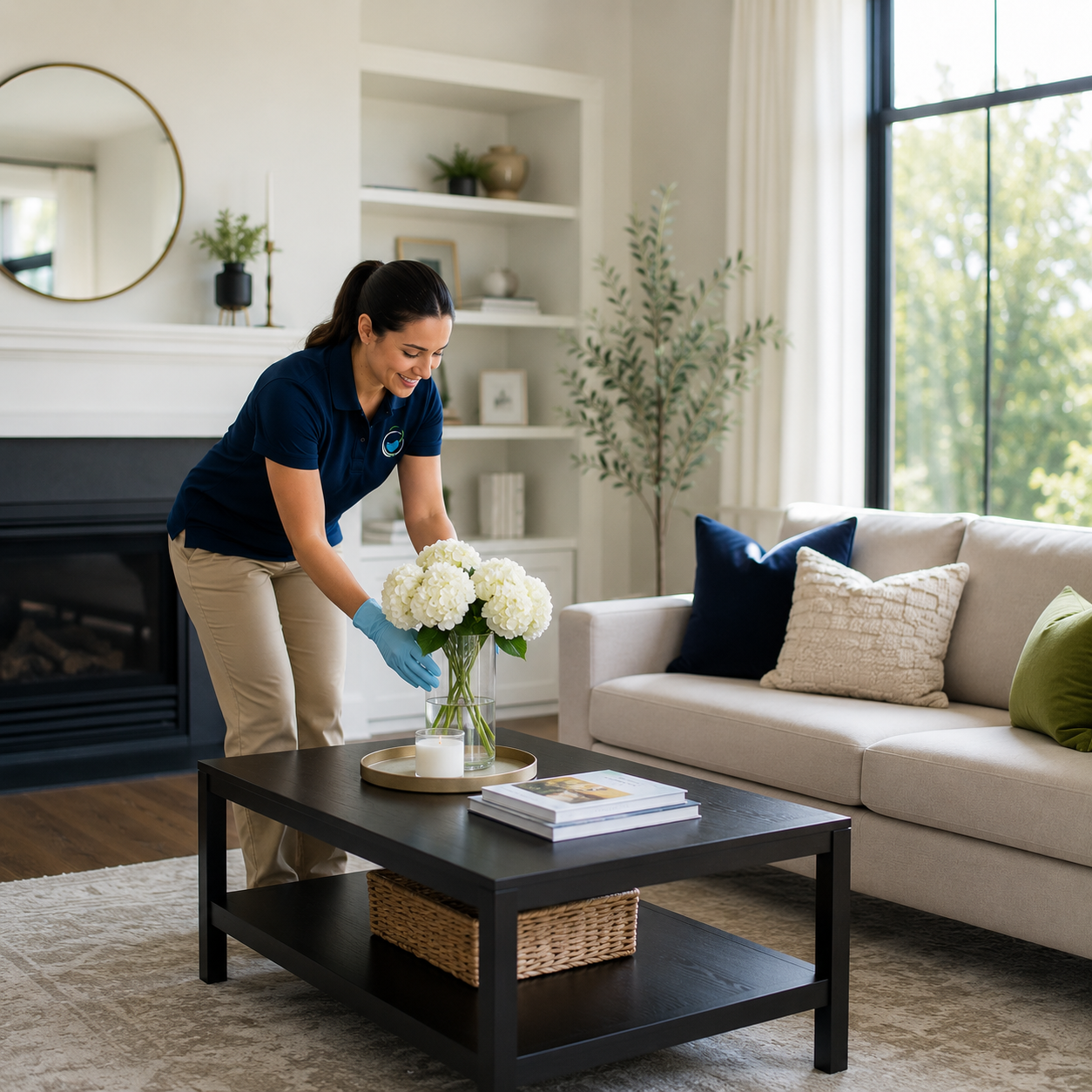 A woman arranging white hydrangea flowers in a glass vase on a black coffee table in a bright, cozy living room with beige sofa, pillows, large window, and decorative items on shelves.