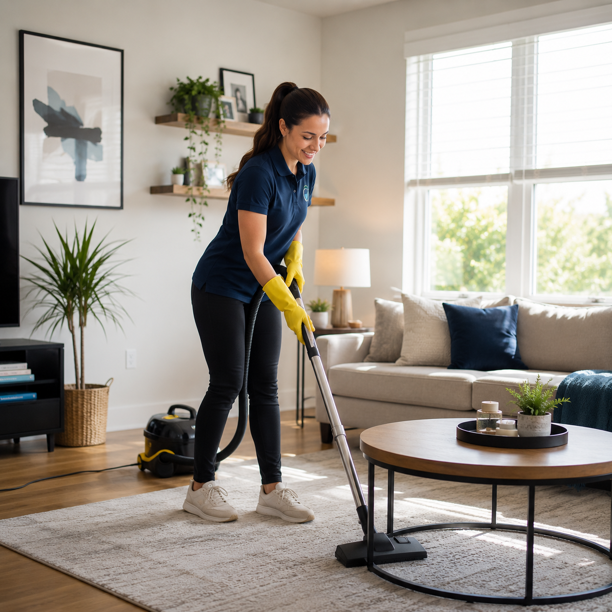 A woman with a ponytail and yellow cleaning gloves is vacuuming the living room with a canister vacuum cleaner. She is smiling and wearing a dark blue polo shirt, black pants, and white sneakers. The room has a beige sofa with blue and beige pillows, a round wooden coffee table with plants and candles, a tall green plant, wall art, and large windows with white blinds letting in sunlight.