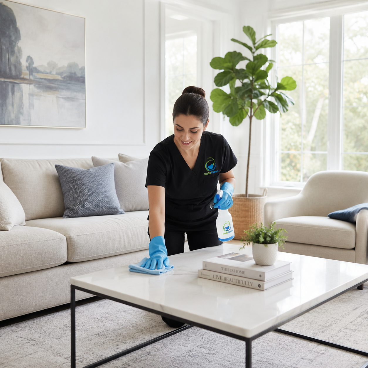 A woman wearing black scrubs and blue gloves cleaning a white coffee table in a bright living room with beige sofa, cushions, and a large green plant.