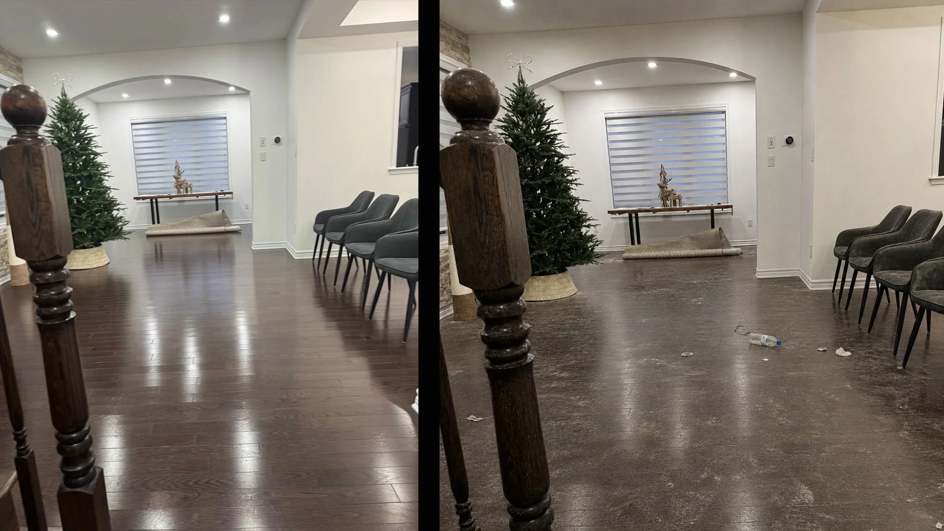 Side-by-side comparison of two similar images showing the same room with different floor conditions. Both images feature a Christmas tree, a table with decorative items, and chairs, with a window and white walls in the background. The left image shows a clean, polished wooden floor, while the right image displays a dirty, worn-out floor with some trash and debris scattered.