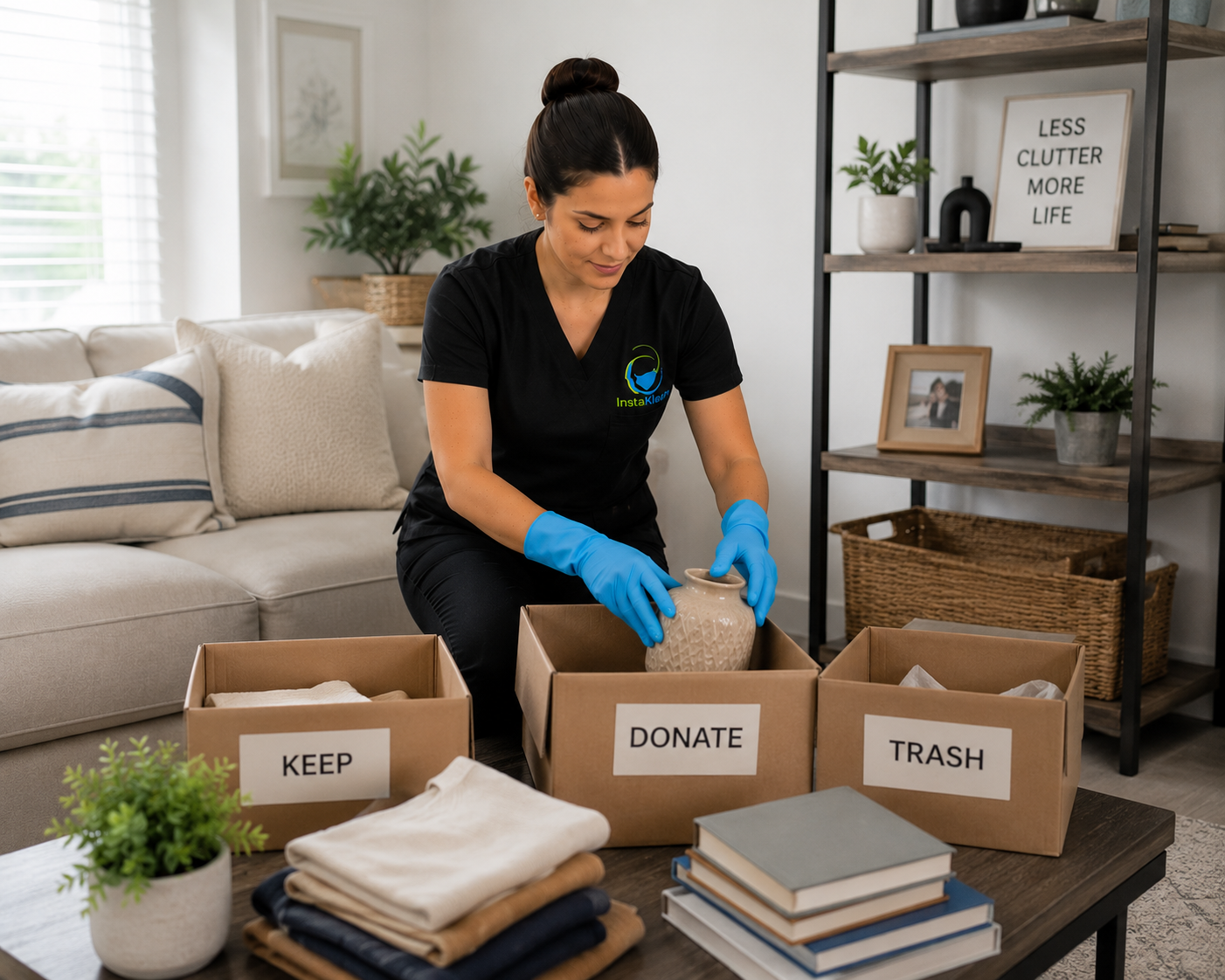 A woman wearing blue gloves and a black shirt with a logo, organizing belongings into labeled boxes marked 'KEEP,' 'DONATE,' and 'TRASH' in a living room.