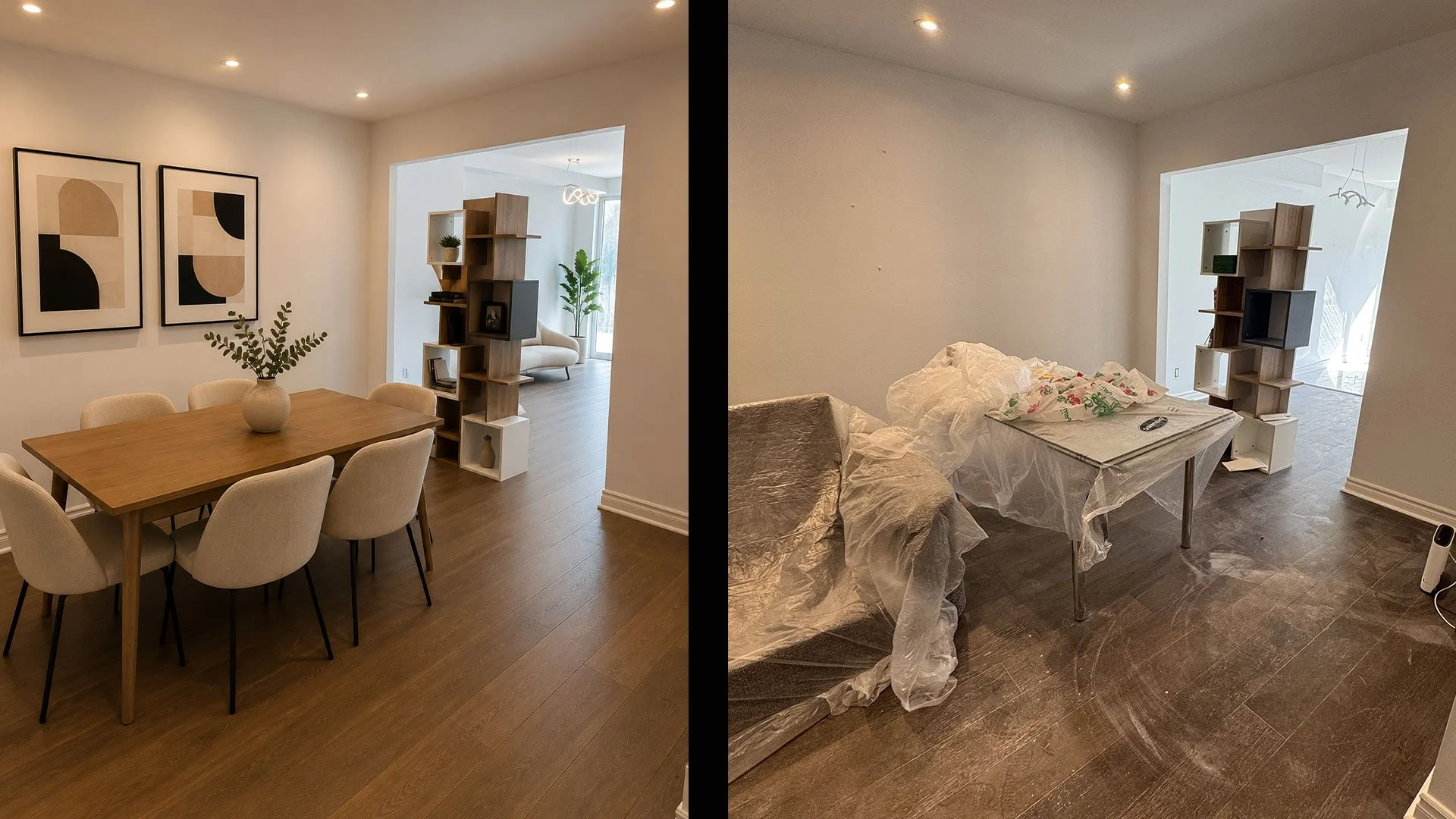 Comparison of two rooms: On the left, a finished dining room with a wooden table, six beige chairs, framed abstract artwork, and a wooden shelf divider in the background. On the right, an unfinished room with a table covered with plastic, a gray sofa, and an unfinished shelf divider, indicating ongoing renovation.