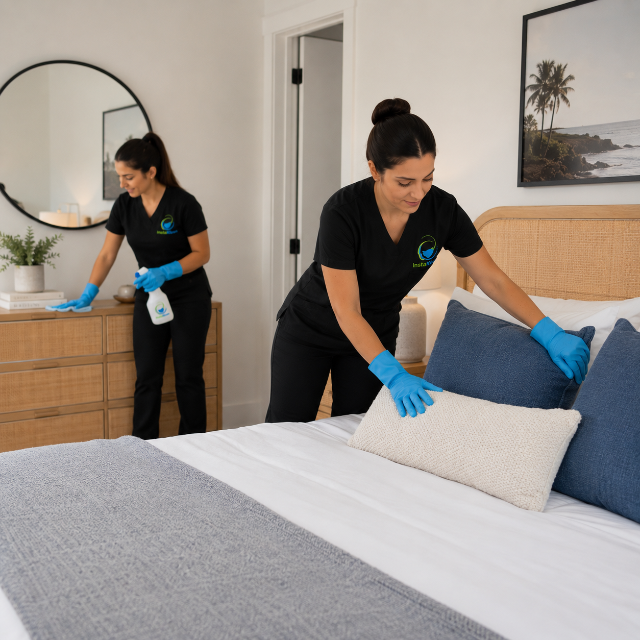 Two women cleaning a bedroom. One is making the bed, and the other is wiping a wooden dresser, both wearing black uniforms with a logo, blue gloves, and smiling.
