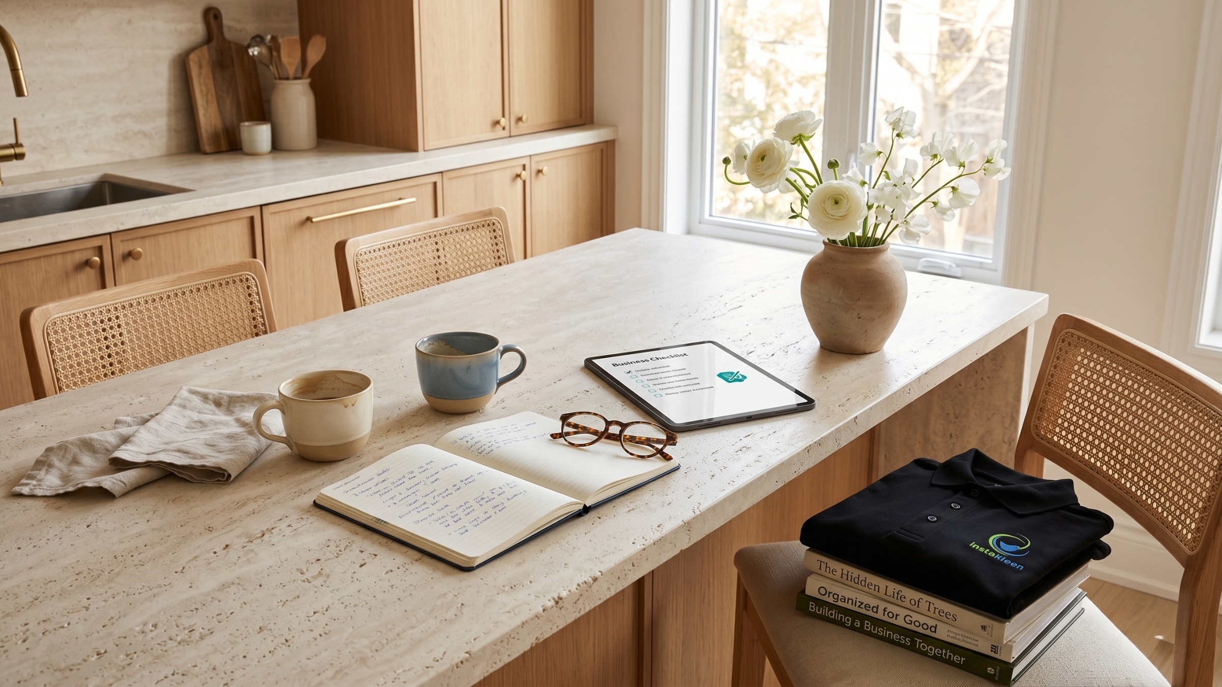 A kitchen island with a laptop displaying a business checklist, open notebook with handwritten notes, a pair of eyeglasses, two coffee cups, and a stack of books under a large window. There is a vase of white flowers, and the kitchen has wooden cabinets and a marble countertop.