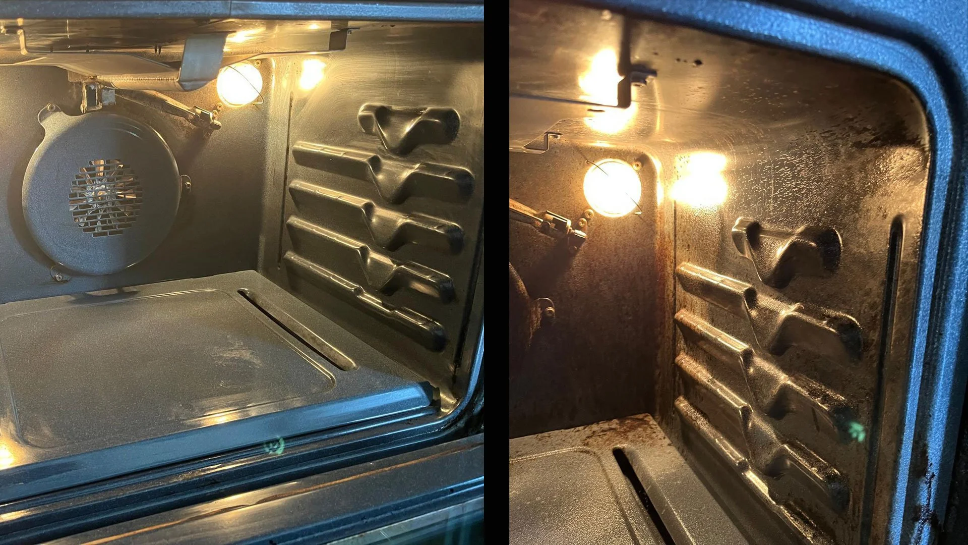The left side of the image shows the inside of a clean, modern oven with heating elements and a fan, while the right side shows the inside of an older, dirty oven with rust spots and grime. Both oven interiors have heat sources turned on, emitting a warm glow.