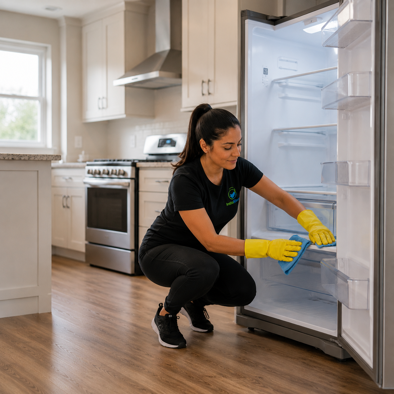 A woman cleaning the inside of an open refrigerator with a blue cloth and wearing yellow gloves in a kitchen.
