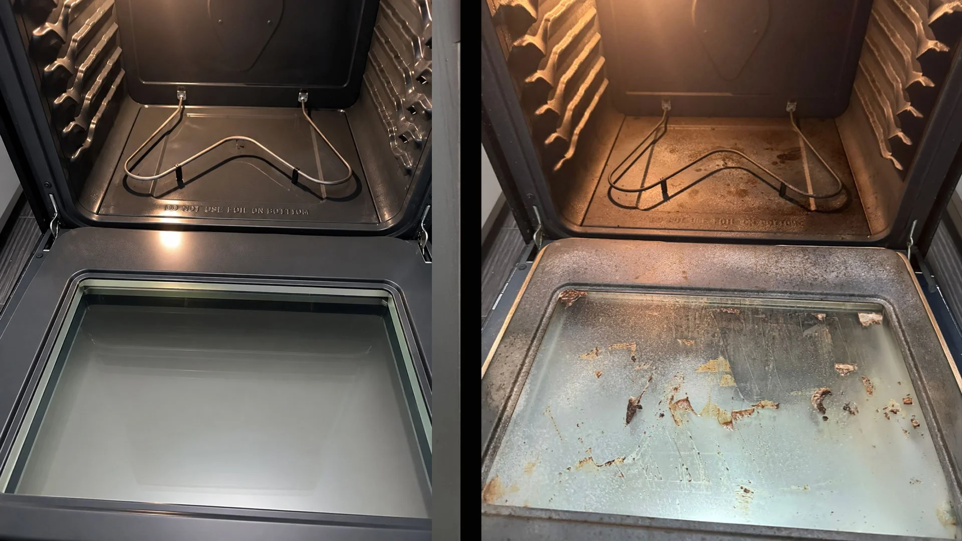 Comparison of two oven interiors: the left image shows a clean, modern oven with a smooth interior, and the right image shows a dirty, old oven with a heavily stained and rusted interior.