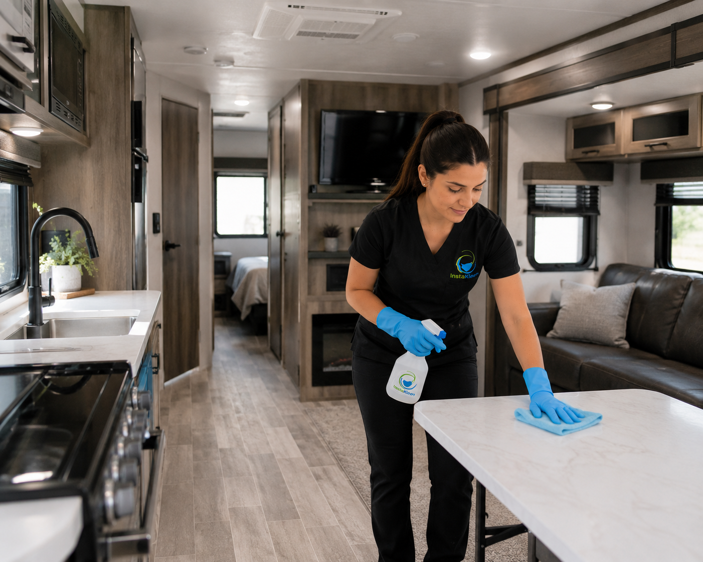 A woman wearing black scrubs, blue gloves, and cleaning with a spray bottle and cloth inside a modern RV or tiny home with wood cabinets, a sofa, and a bedroom in the background.