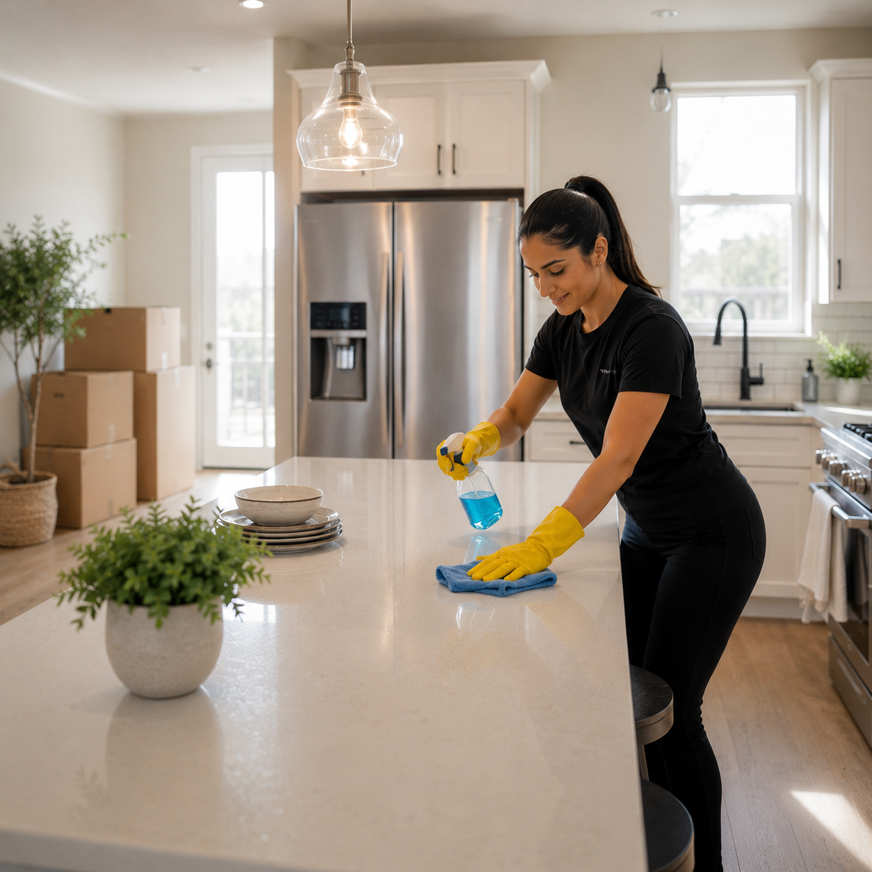 A woman cleaning a kitchen island with a spray bottle of blue cleaning solution, wearing yellow rubber gloves and a black shirt.