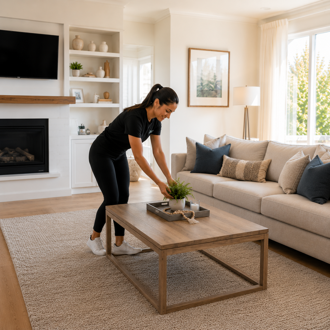 A woman in black athletic wear is standing in a living room, arranging a potted plant on a coffee table.