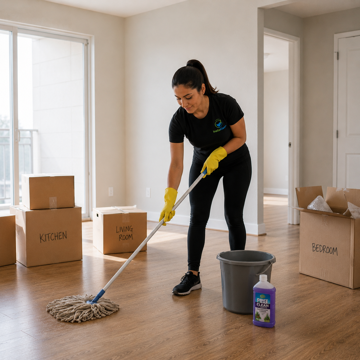 Woman cleaning hardwood floor with mop inside a new home. Moving boxes labeled 'Kitchen,' 'Living Room,' and 'Bedroom' are nearby.