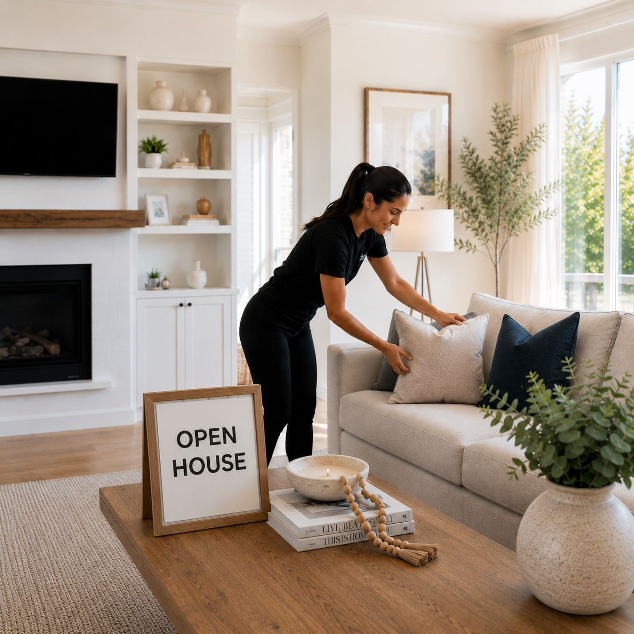 A woman arranging cushions on a sofa in a living room with an 'Open House' sign on the table.