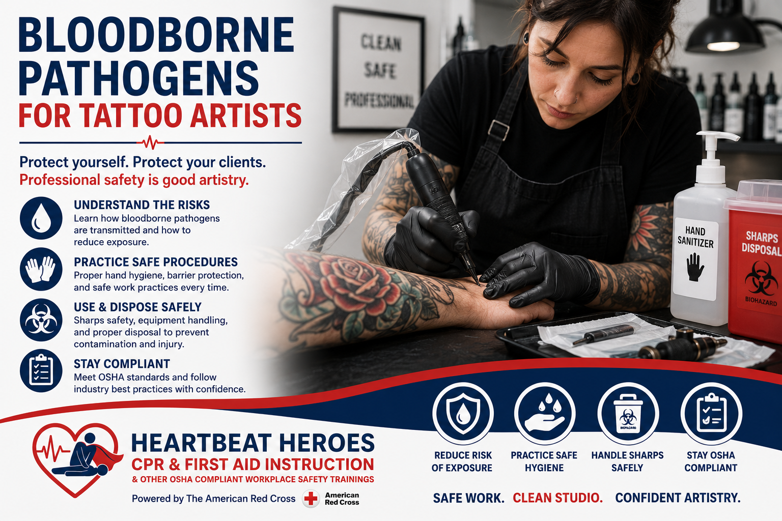 Tattoo artist wearing black gloves and apron working on a client's arm with a tattoo machine in a professional tattoo studio. The studio has hand sanitizer and biohazard disposal containers on the table.