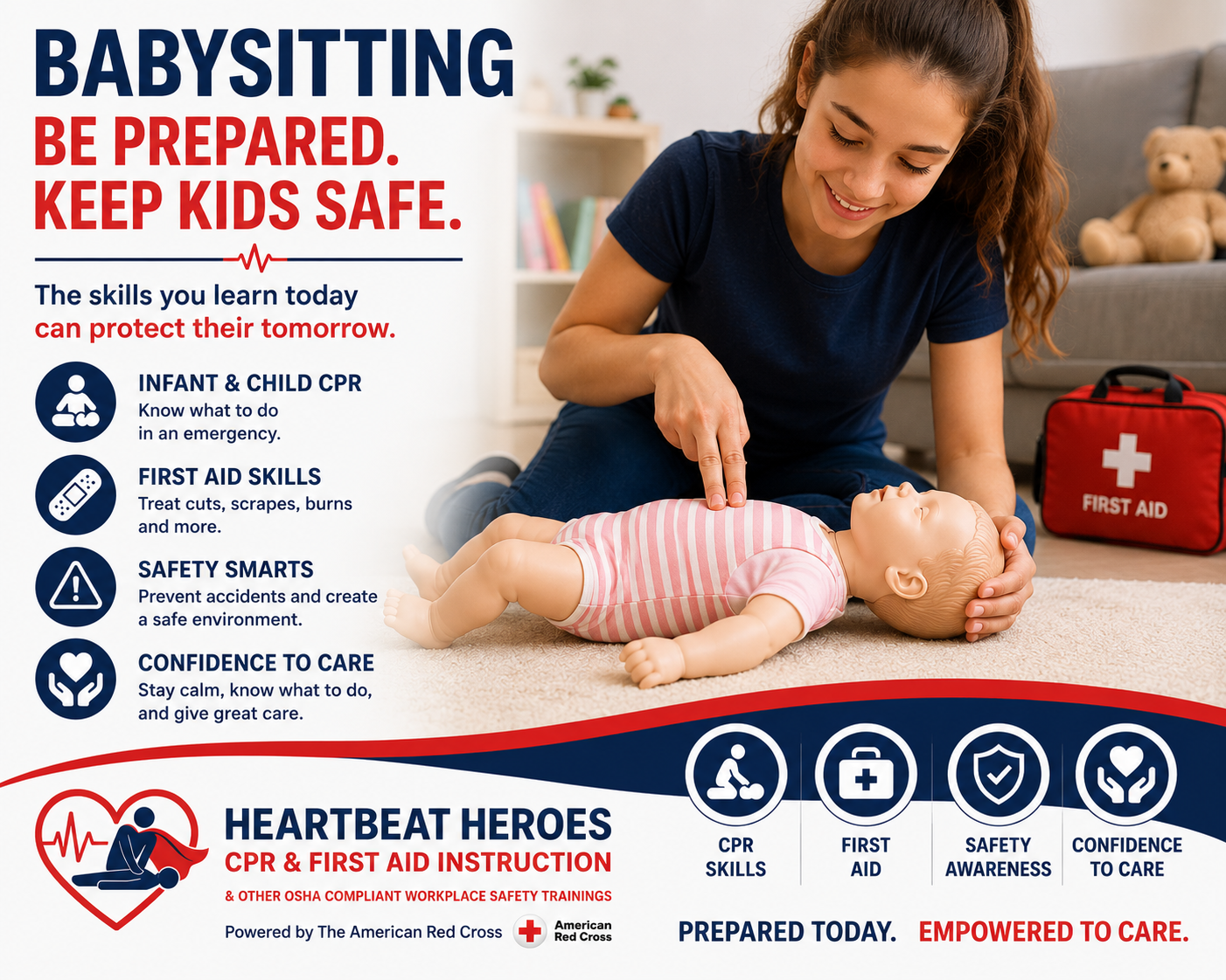 Infographic promoting babysitting safety training, featuring a woman practicing infant CPR on a doll, with text about skills like CPR, first aid, safety, and confidence, alongside icons and a first aid kit in the background.