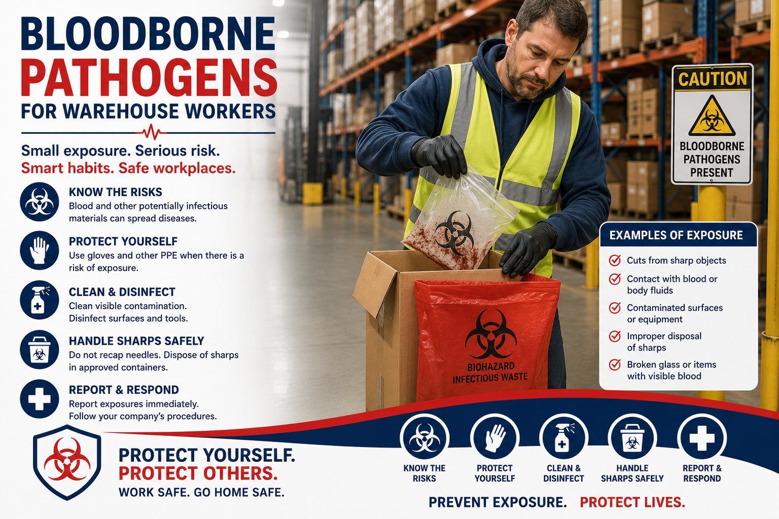 Infographic poster warning warehouse workers about bloodborne pathogens. Features a worker in safety gear handling infectious waste in a warehouse, and lists risks, safety tips, and examples of exposure.