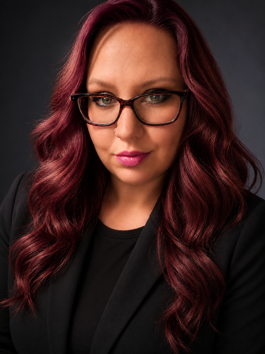 Close-up of a woman with long wavy burgundy hair, glasses, pink lipstick, wearing a black blazer and black top, against a dark background.