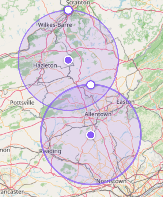 Map showing two overlapping coverage areas with purple circles around Harrisburg and Reading, Pennsylvania.