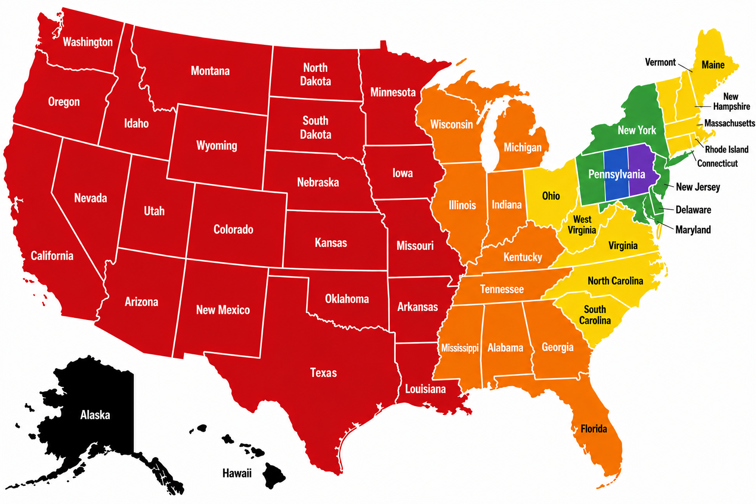Map of the United States with states colored by region, including West Coast, Midwest, South, and Northeast.