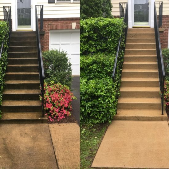Comparison of two front staircases of houses, one dirty and worn on the left, and one clean and new on the right, with bushes and flowers in the yard.