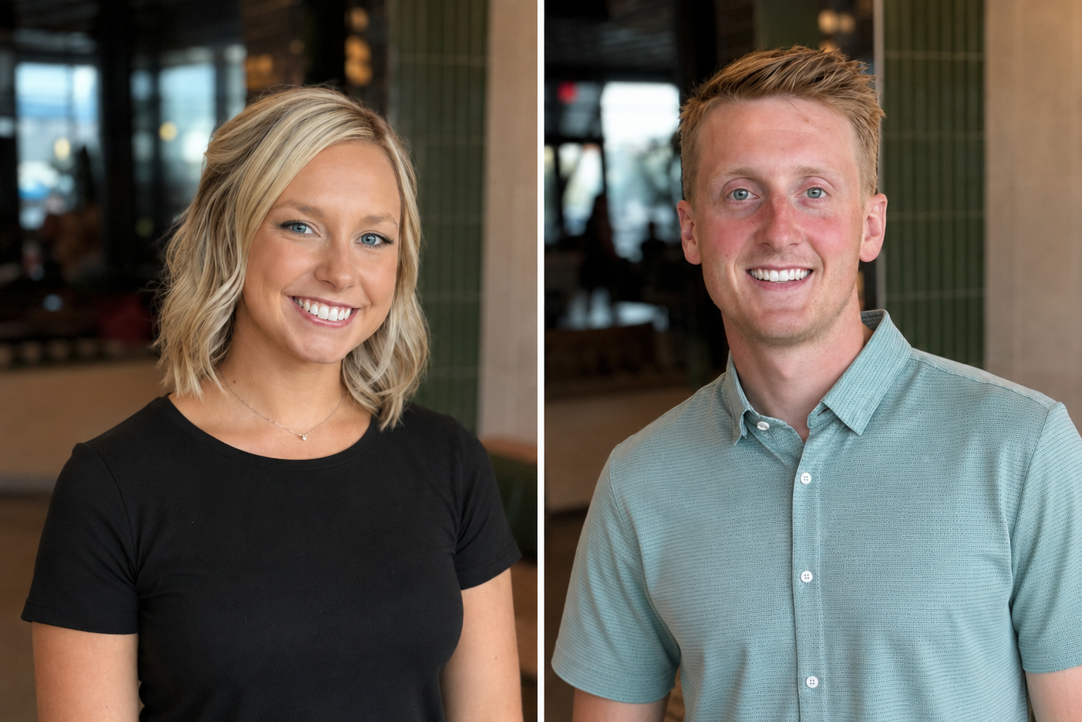 Side-by-side portraits of a smiling woman with blonde hair wearing a black top, and a smiling man with short blonde hair wearing a light blue collared shirt, in an indoor setting with blurred background.
