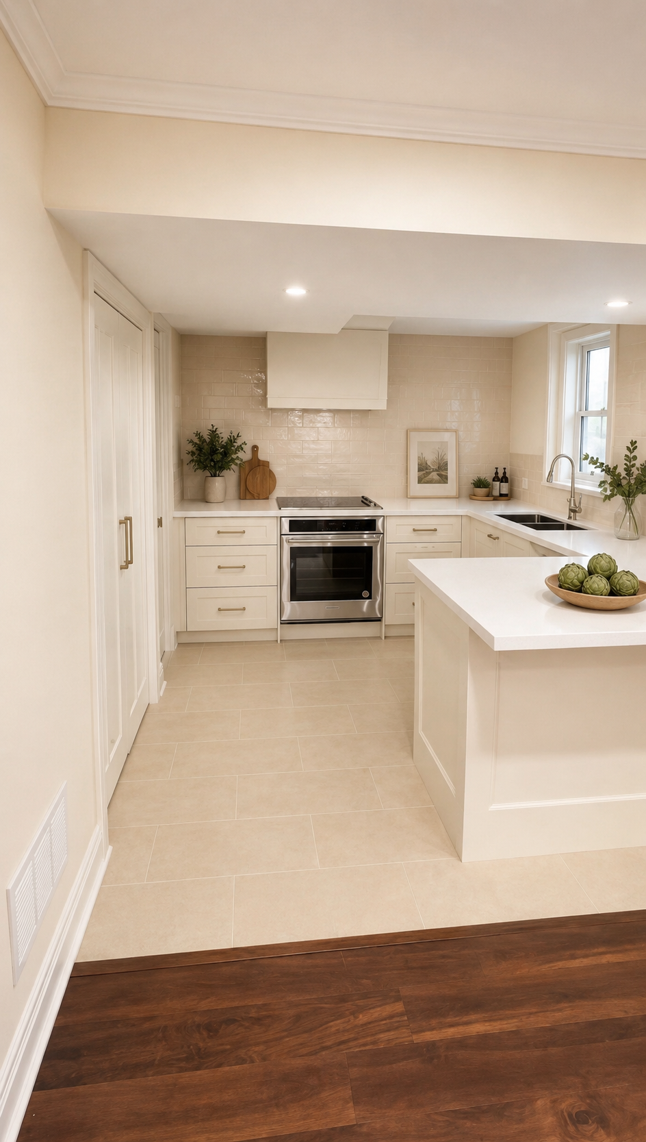 Bright basement kitchenette with custom cabinetry, quartz countertops and modern finishes.