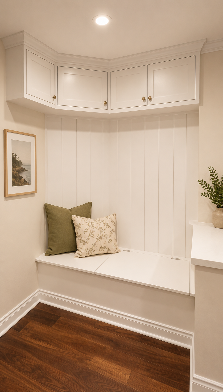 Finished basement sitting/bench area with custom built-ins and direct access to the backyard.