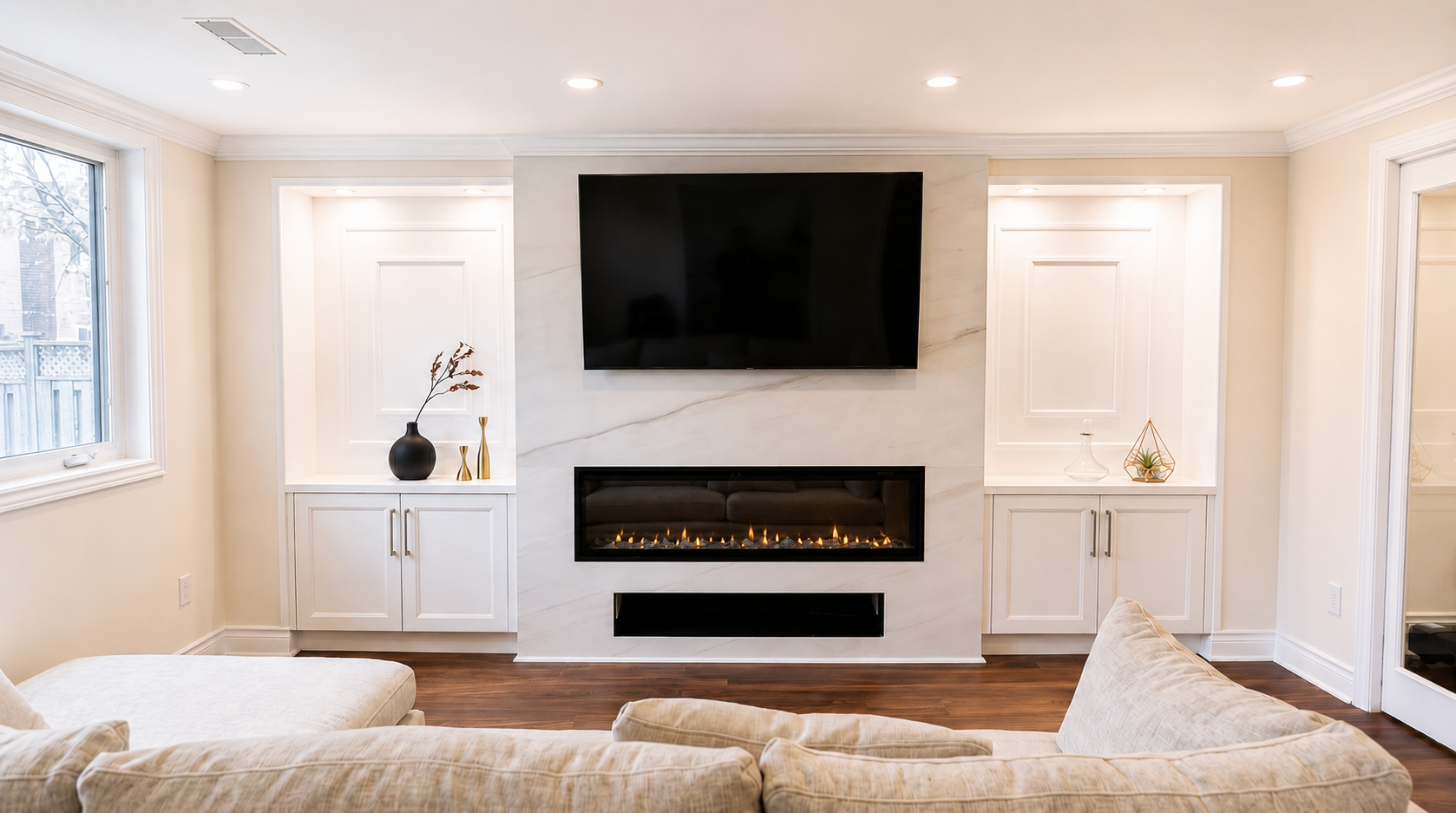 Spacious finished basement with an open layout and modern finishes.