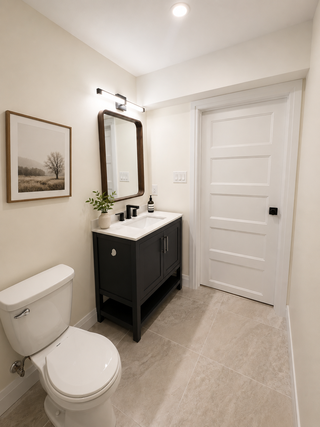Custom bathroom vanity with quartz countertop, black fixtures and modern mirror.