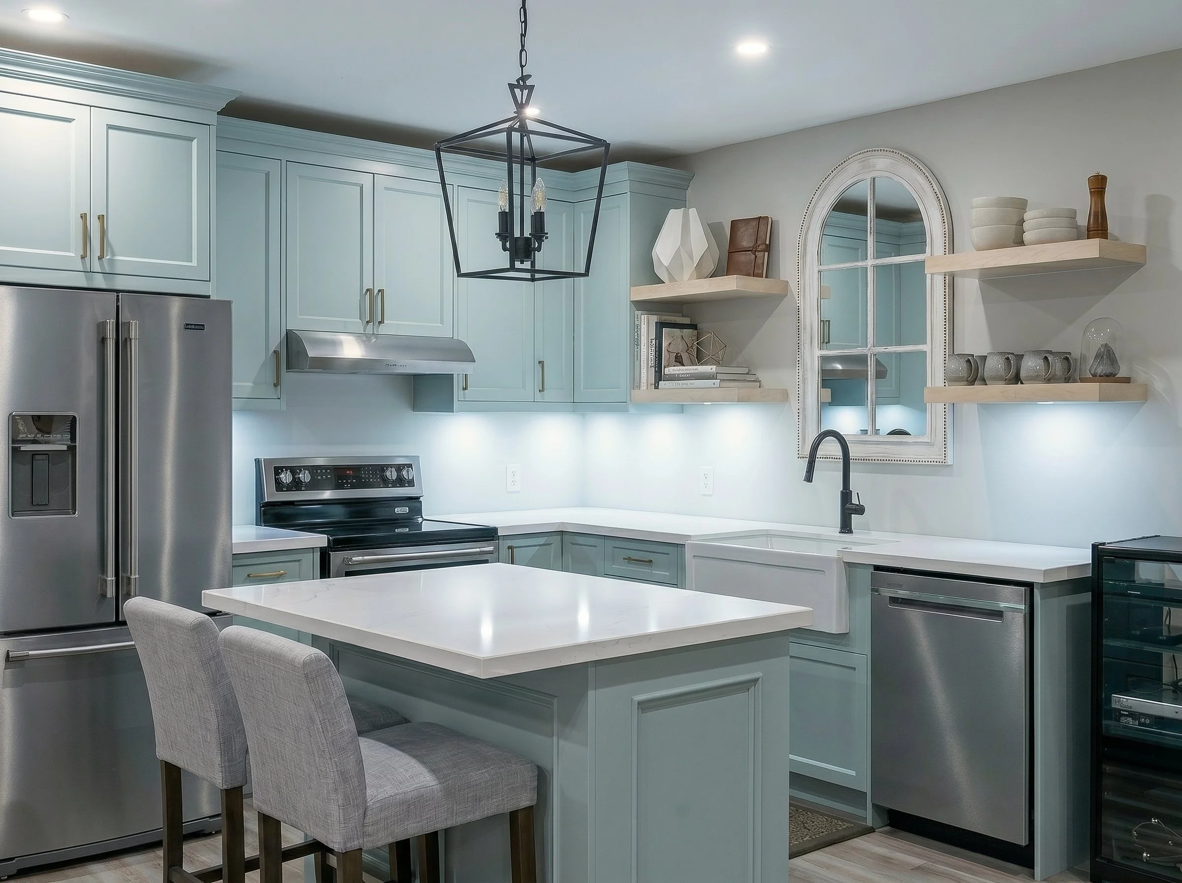 Completed basement kitchen with custom cabinetry, quartz countertops and modern finishes.