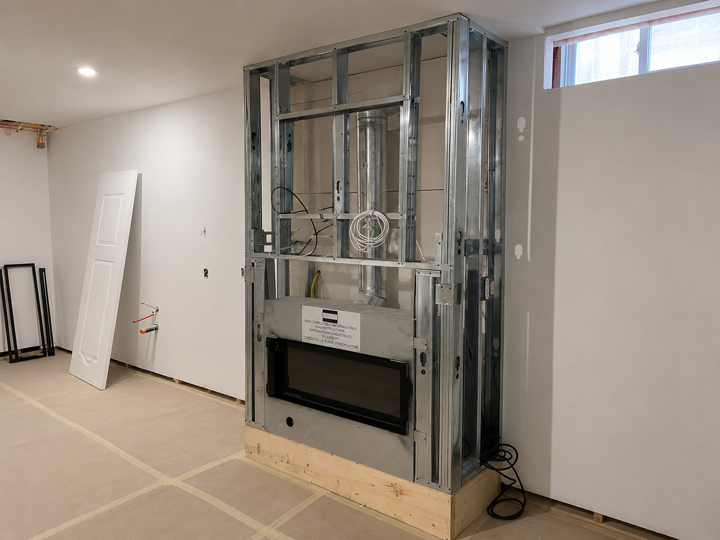 Custom fireplace feature wall taking shape during the finishing stage.