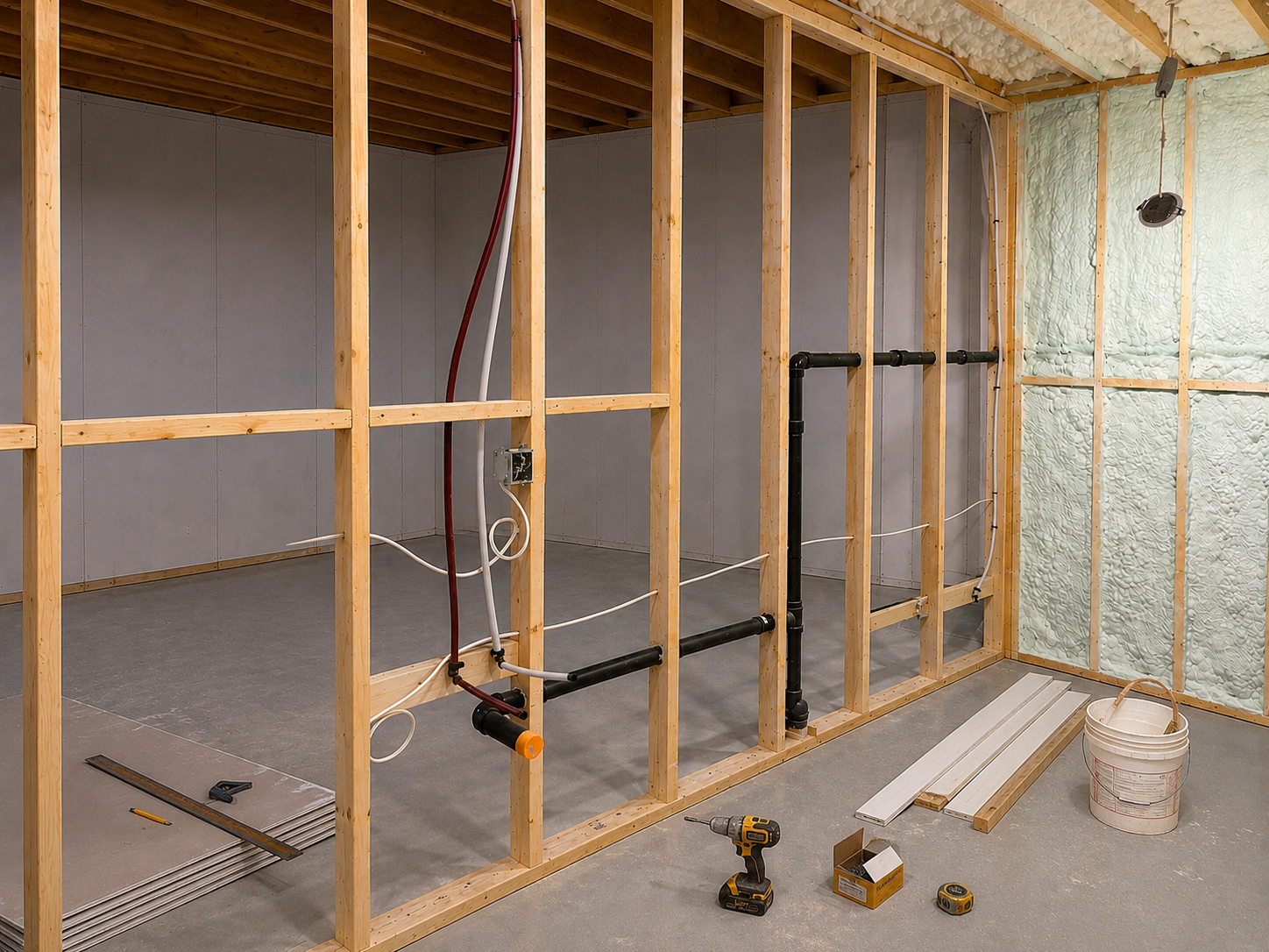 New bathroom with electrical and plumbing rough-ins, spray foam noise reduction insulation applied to ceiling. spray foam on exterior walls.