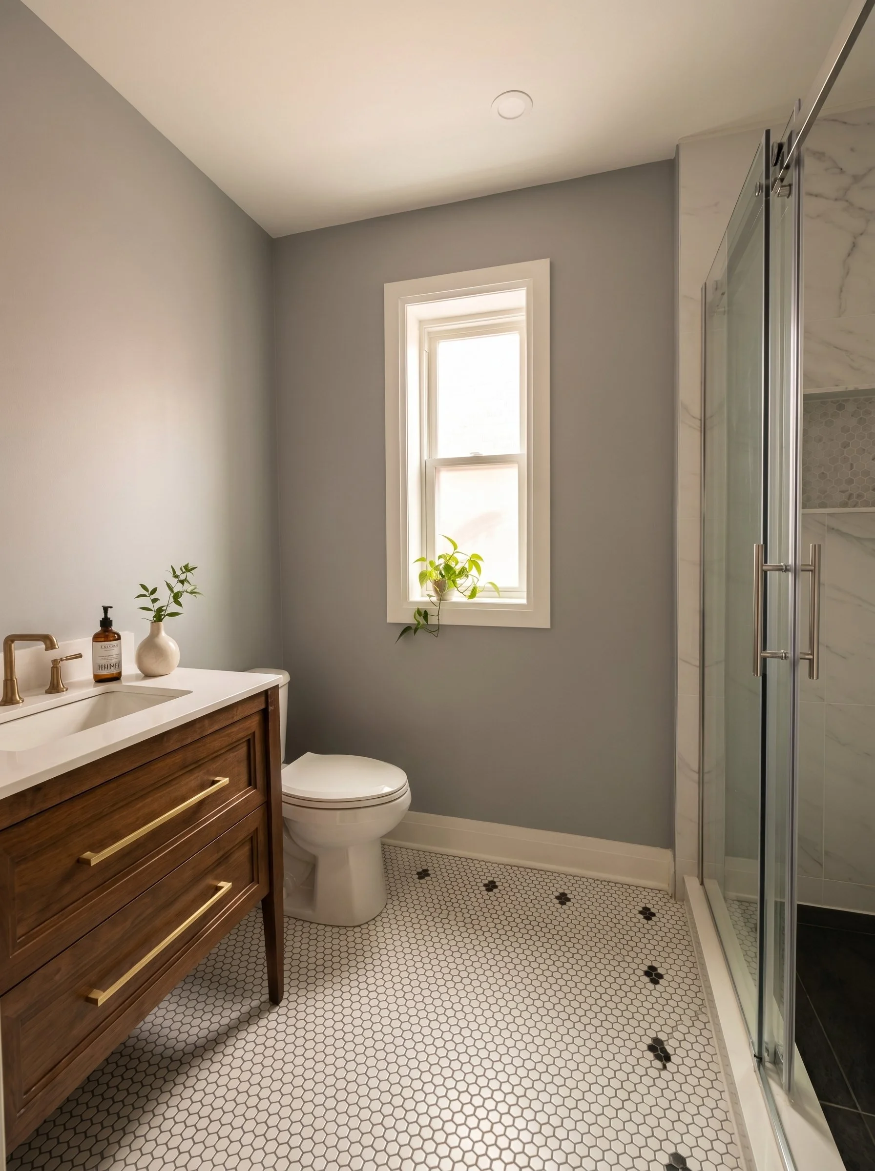 Completed bathroom renovation featuring a custom wood vanity, glass shower and modern finishes.