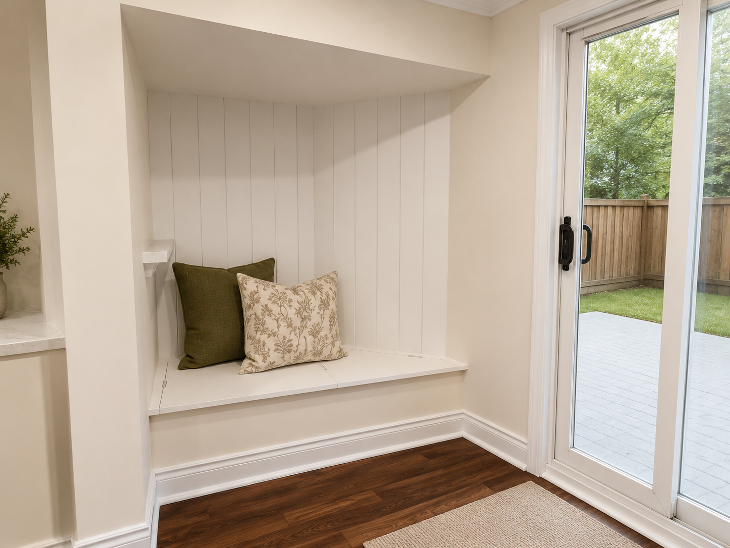Finished basement sitting/bench area with custom built-ins and direct access to the backyard.