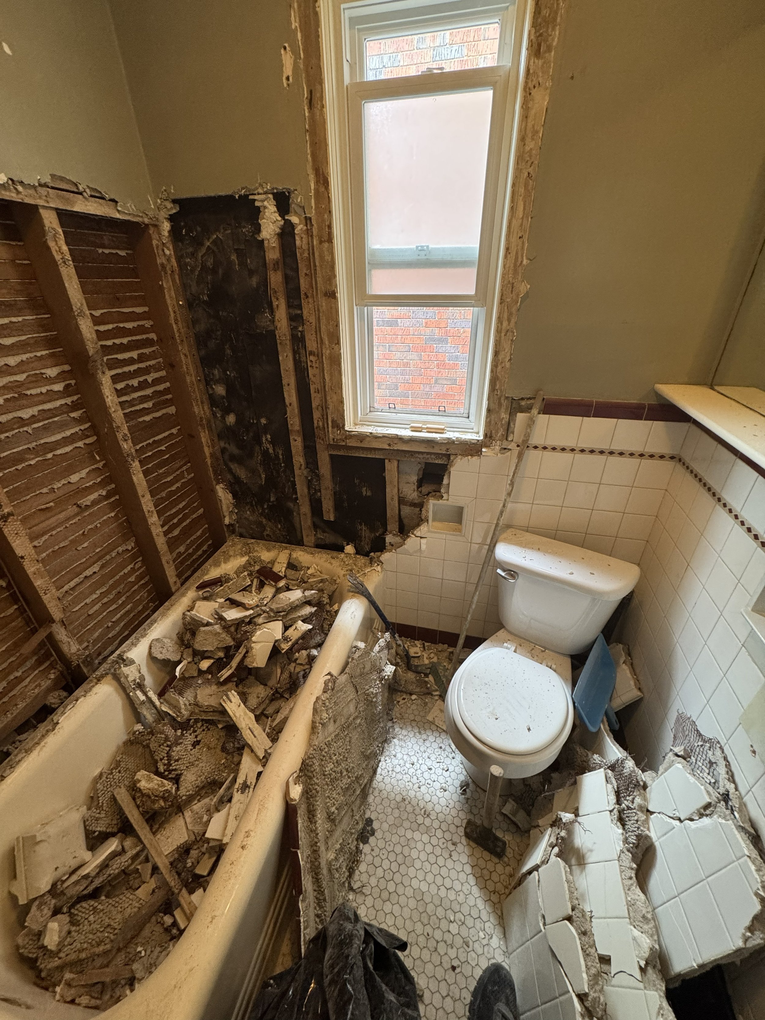 Bathroom demolition exposing framing and plumbing for the renovation.