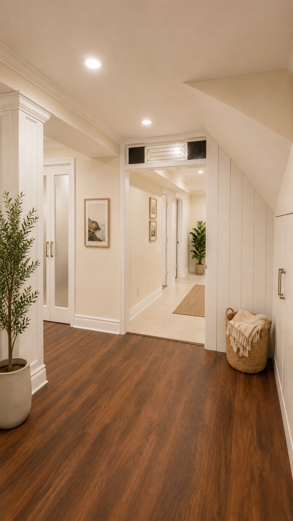 Bright basement open space with custom millwork and modern finishes