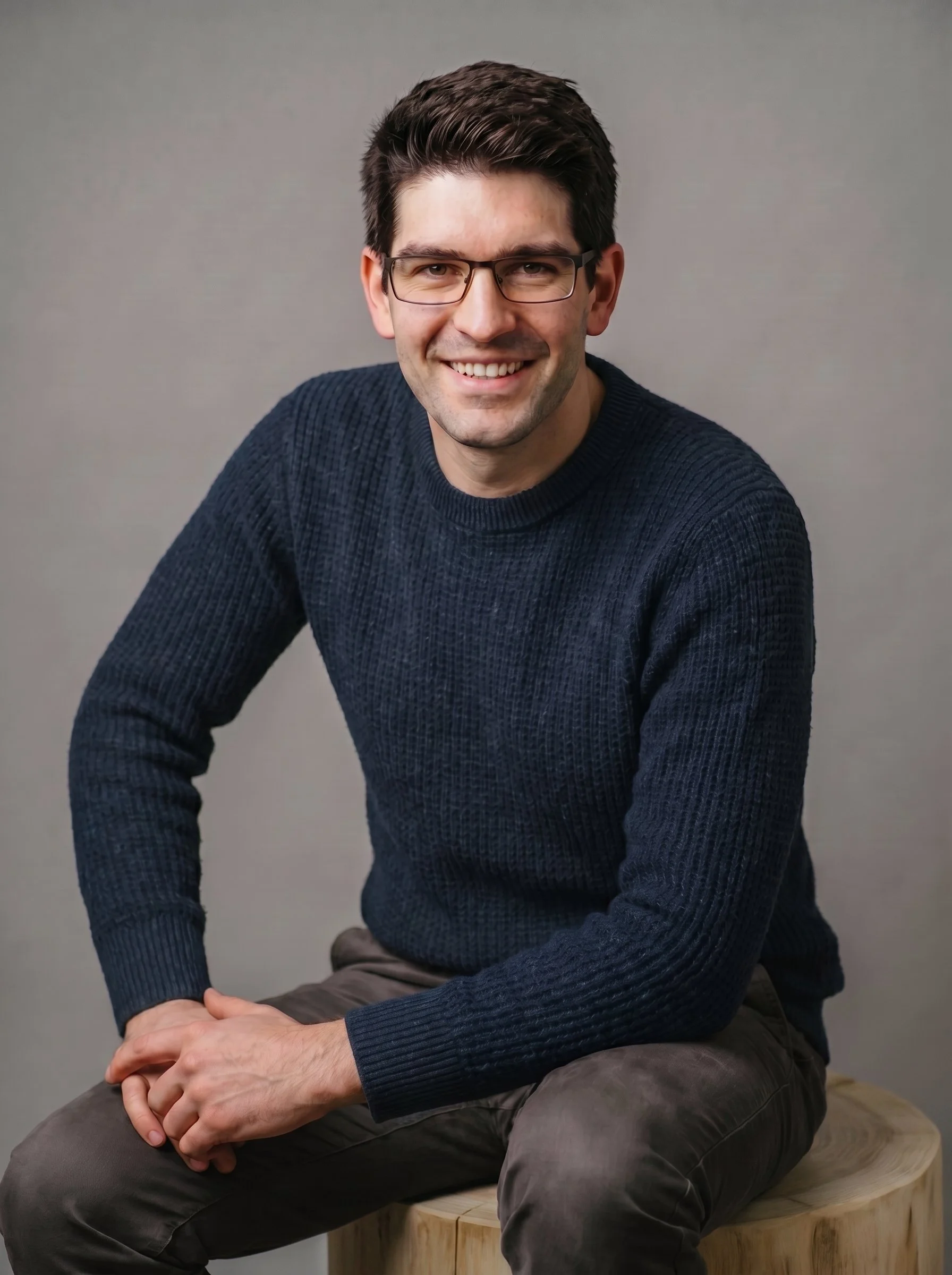 Philippe Knuesel, wearing a dark knit sweater, sitting on a wooden stool against a plain gray background.