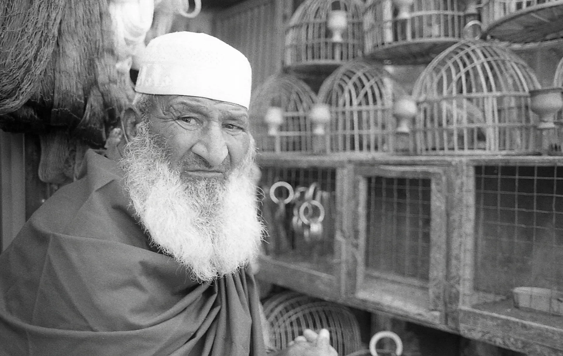 Documentary portrait of an elderly man next to bird cages, Afghanistan.⁠