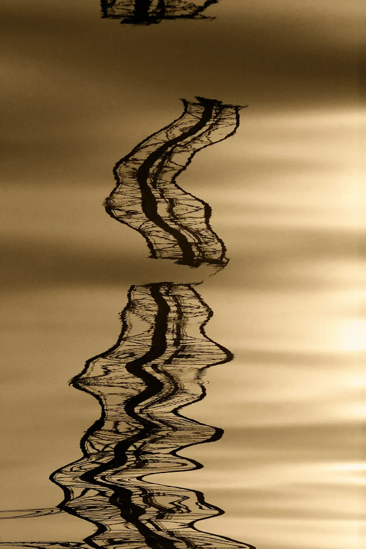 capturing the tranquility of the Persian Gulf, Iran. Features an abstract, fluid reflection of an oil rig forming minimalist lines.