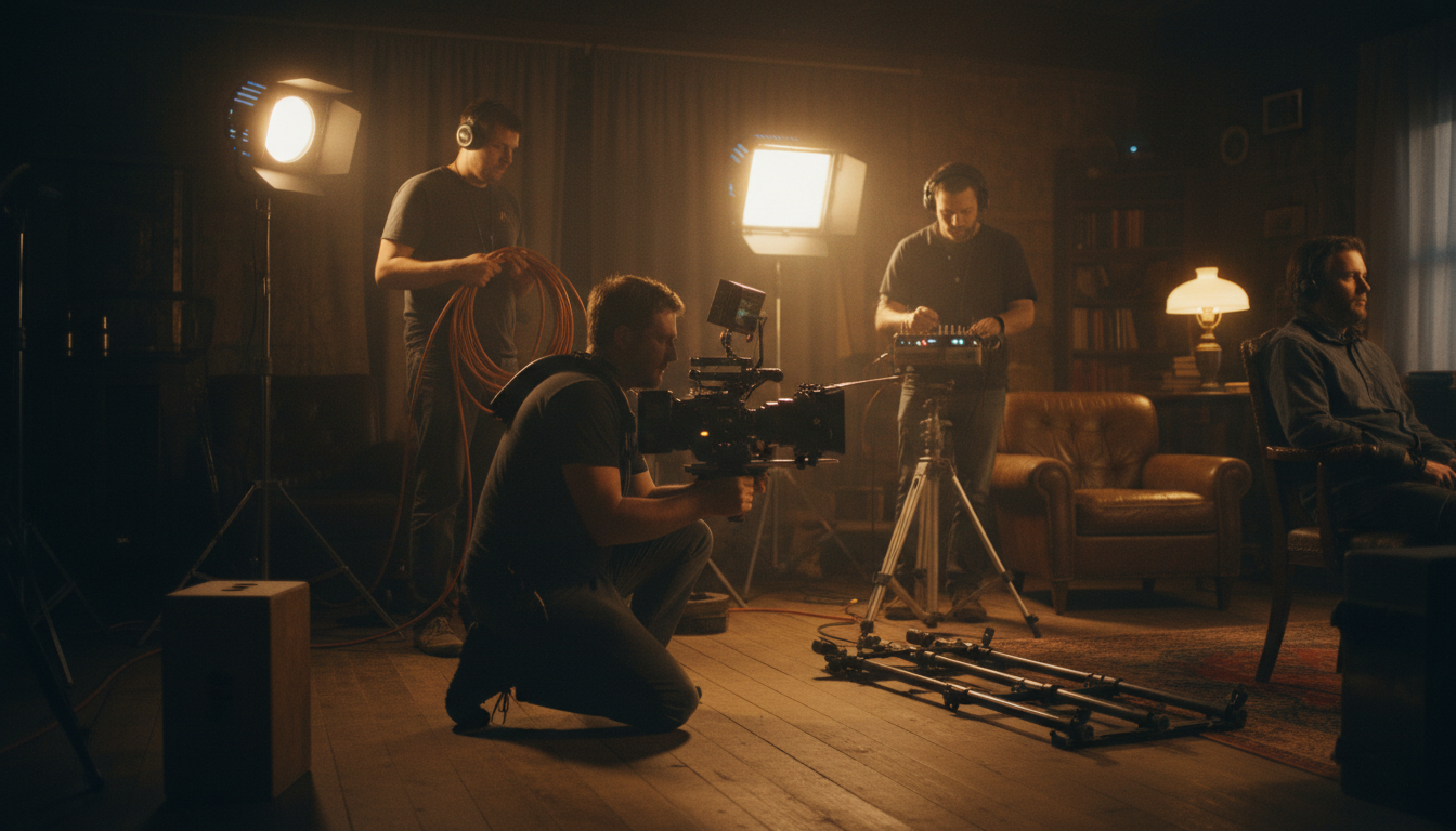 Filming crew operating cameras and equipment on a set with warm lighting, a person sitting on a chair, and bookshelves in the background.