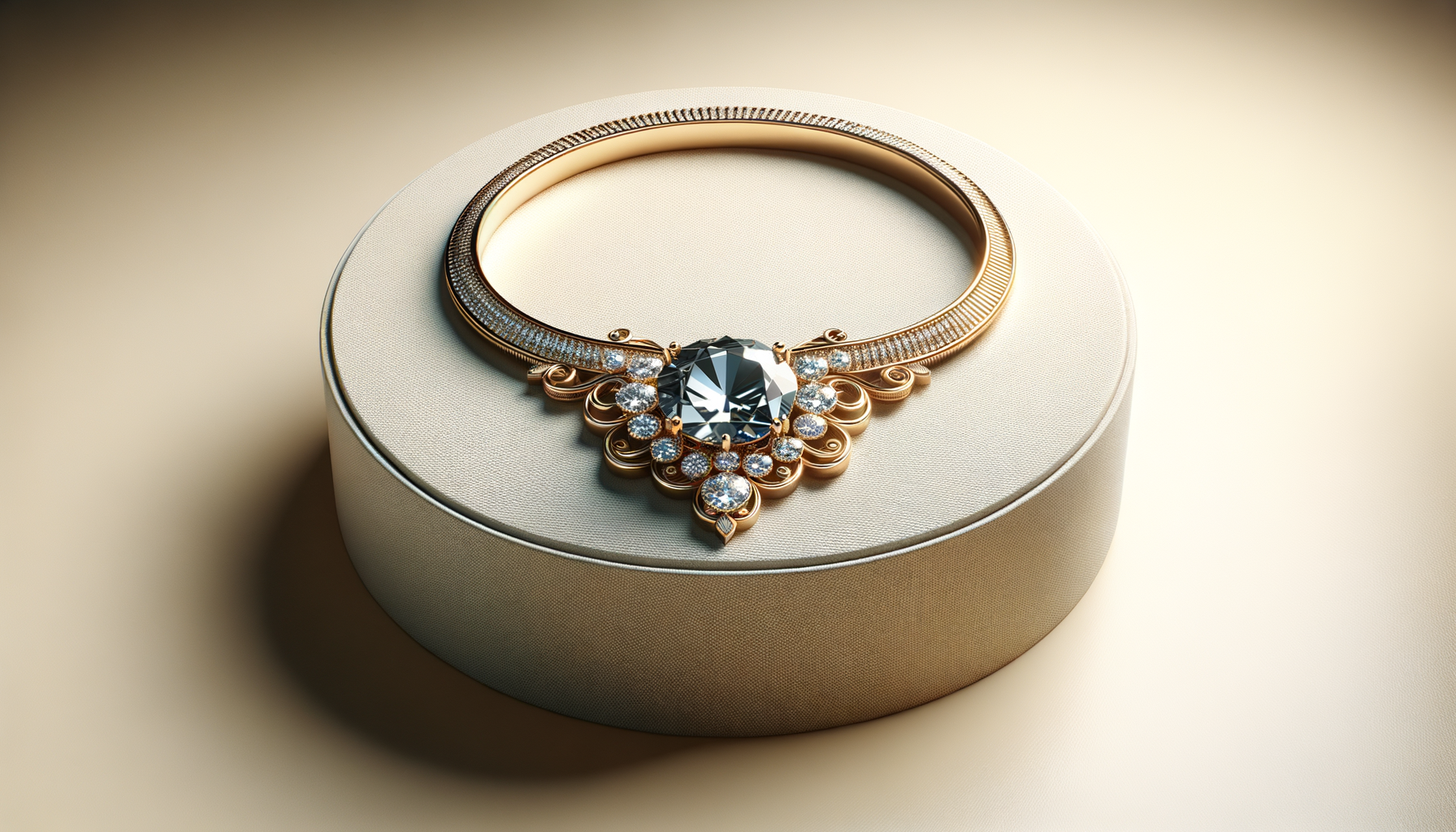 A luxurious necklace with a large central gemstone and smaller surrounding diamonds on a beige jewelry box.