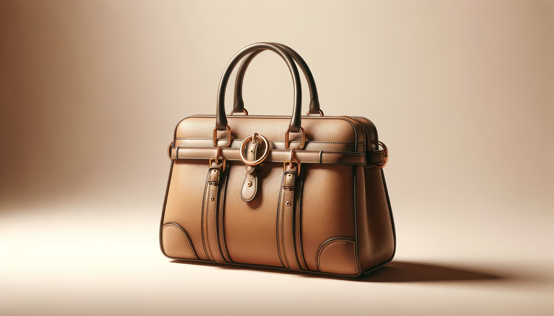 A tan leather handbag with gold buckles and handles set against a plain beige background.