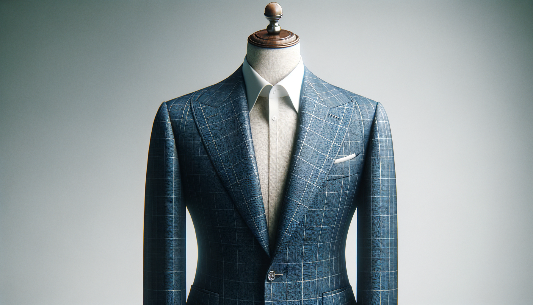 A mannequin dressed in a blue checkered suit jacket, a white dress shirt, and a white pocket square, against a plain gray background.