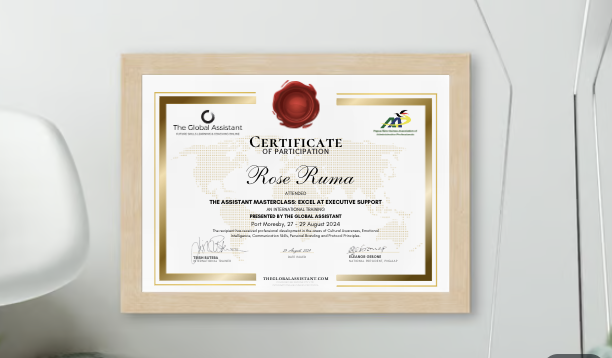 Certificate of participation awarded to Rose Ruma, framed and displayed on a wall.