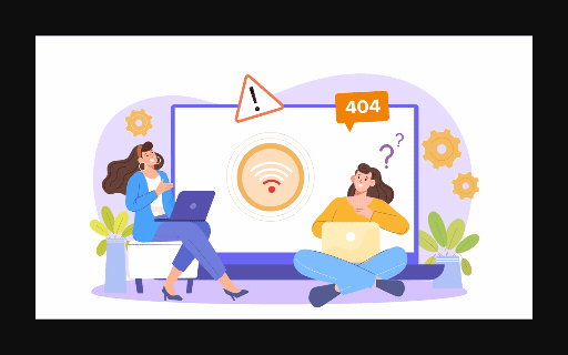 Two women sitting with laptops, appearing confused or worried, in front of a large screen displaying a Wi-Fi signal icon, a 404 error message, and an exclamation mark, surrounded by plants and gear icons.