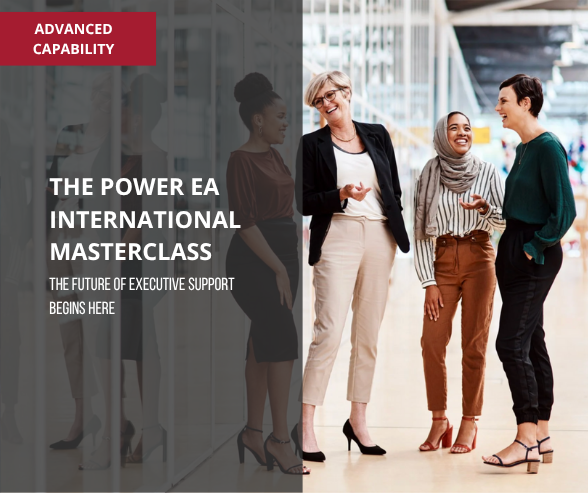 Four diverse women chatting and smiling in a modern office building, with a promotional overlay for the 'Power EA International Masterclass' about executive support.