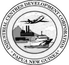 Seal of the Industrial Centres Development Corporation, Papua New Guinea, featuring an airplane, a factory, and a ship.